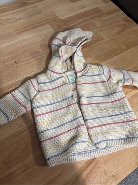 Joe Fresh Cream Hooded Baby Sweater with Red, Blue, and Yellow Stripes